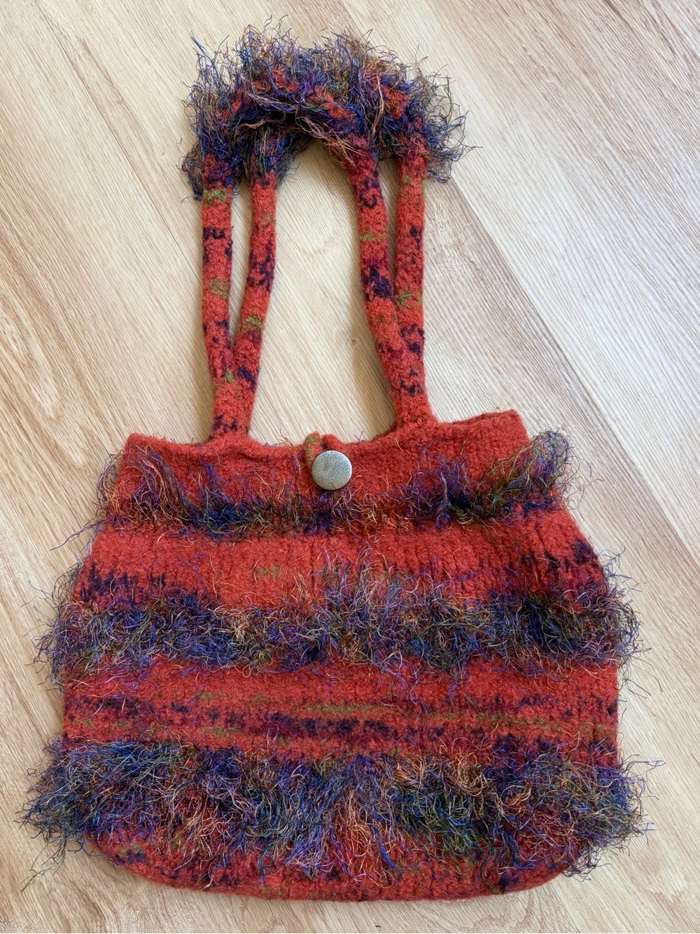 Handmade Felted Shoulder Bag Orange Purple Fuzzy Wool Tote